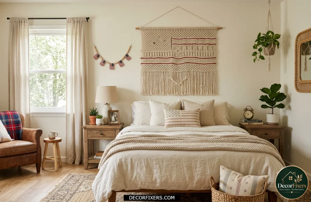 4th of July bedroom with macrame wall hanging and red accents