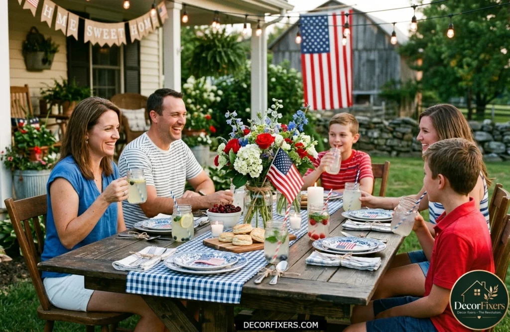 Mason jar centerpiece filled with red roses, white daisies, and blue hydrangeas for July 4th