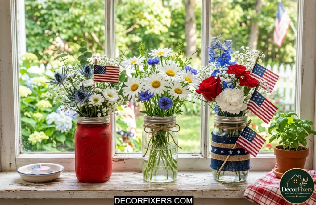 Mason jar patriotic vases with flowers and American flag displayed on a kitchen windowsill.