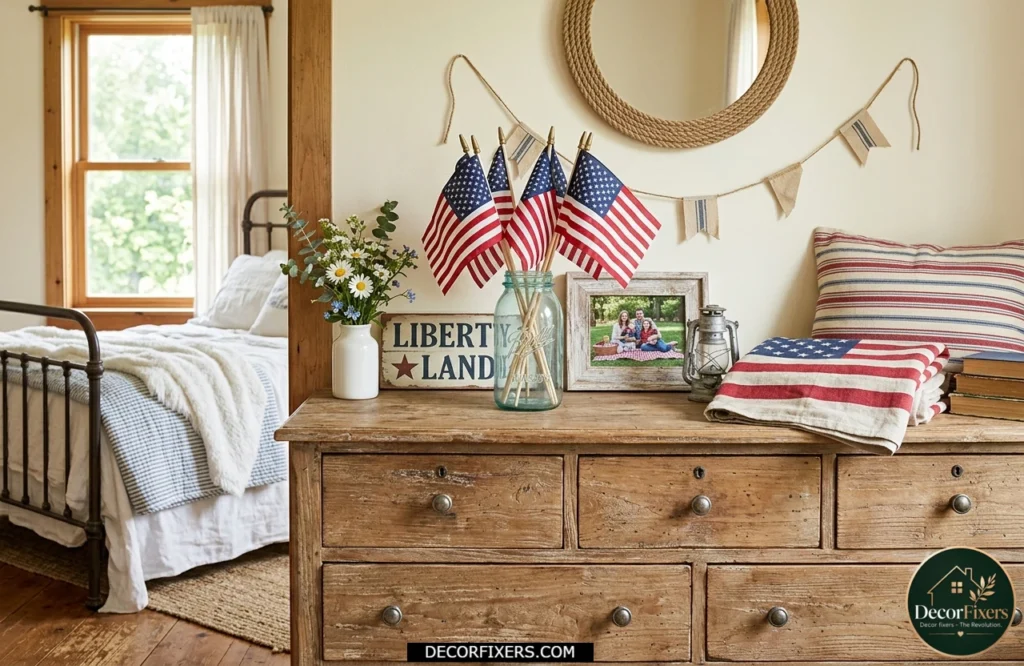 4th of July bedroom dresser decorated with a mason jar of flags