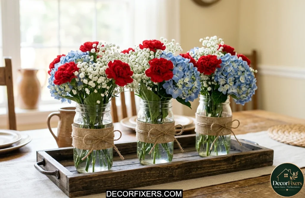 Mason jar flower centerpiece with red white and blue patriotic flowers