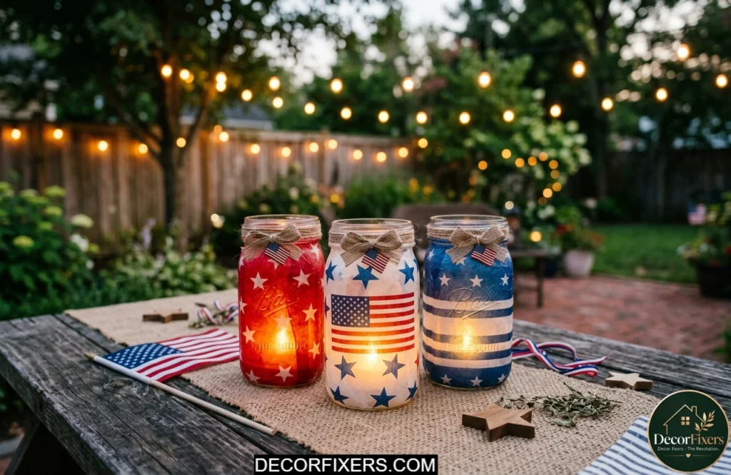 Mason jar lanterns with red white and blue tissue paper glowing on a 4th of July table centerpiece