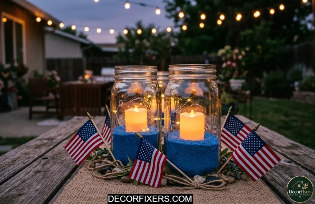 Mason jar luminaries with LED candlelight and patriotic accents creating warm 4th of July backyard ambience.