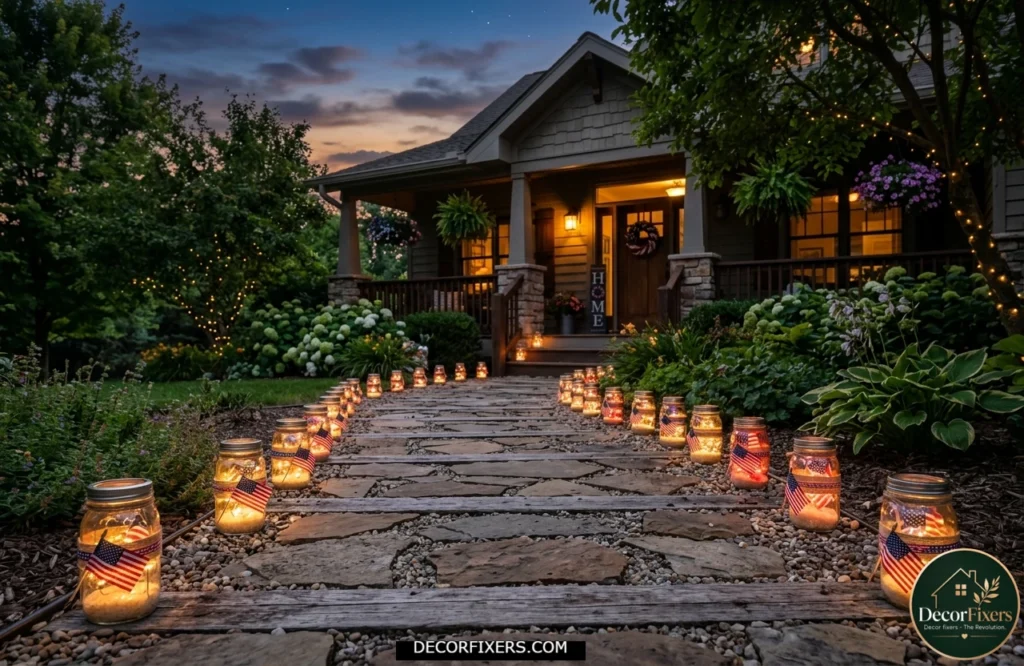 4th of July mason jar luminaries glowing along a porch walkway during a summer evening celebration