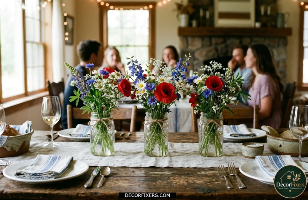 4th of July mason jar centerpiece filled with fresh red white and blue wildflowers