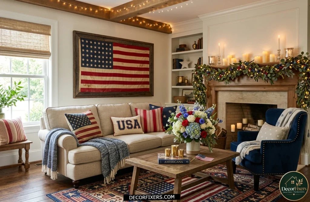 4th of July fully decorated patriotic living room with layered Americana decor elements.