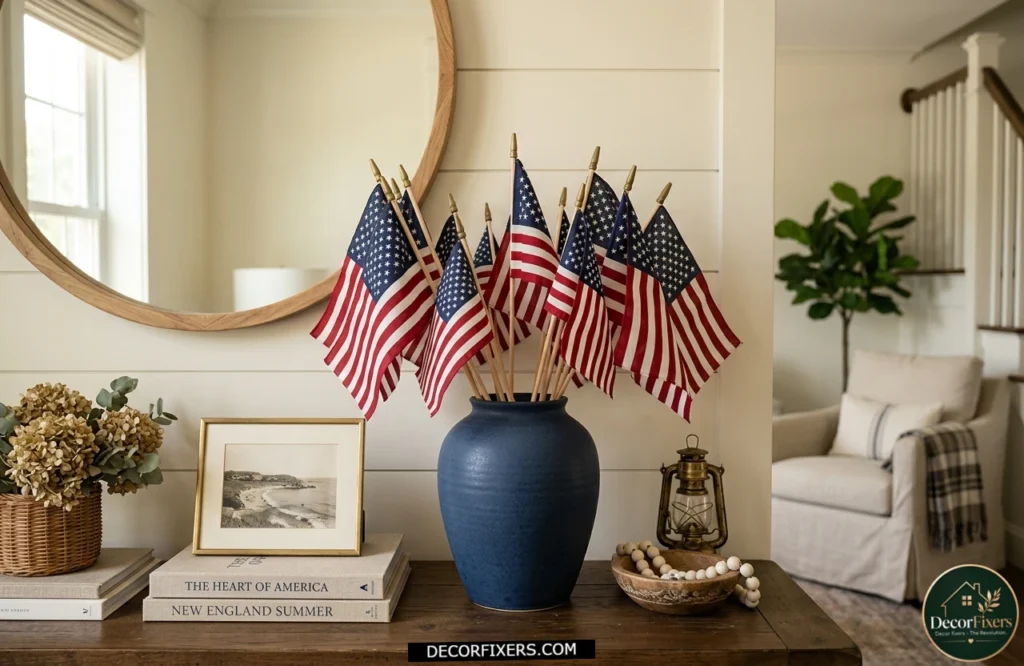 4th of July mini American flag collection displayed in a ceramic vase.