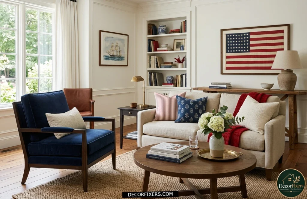 4th of July navy blue accent chair creating a patriotic living room color scheme.