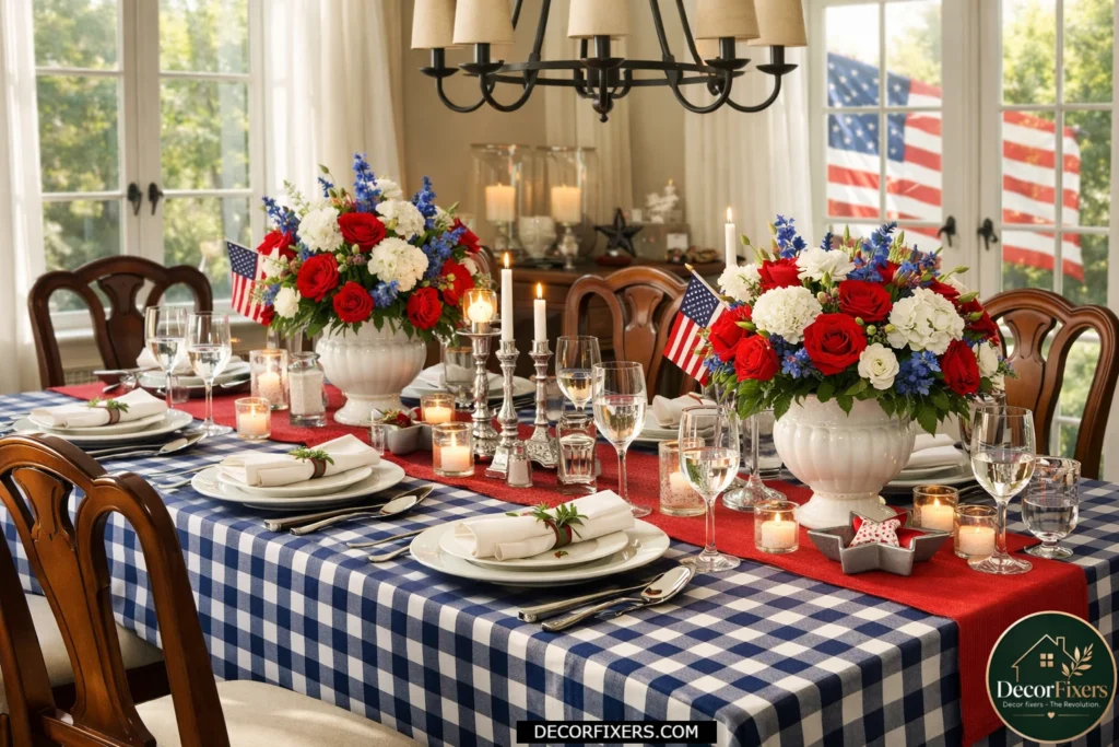 Navy gingham tablecloth styled on a patriotic 4th of July dining room table with layered Americana decor