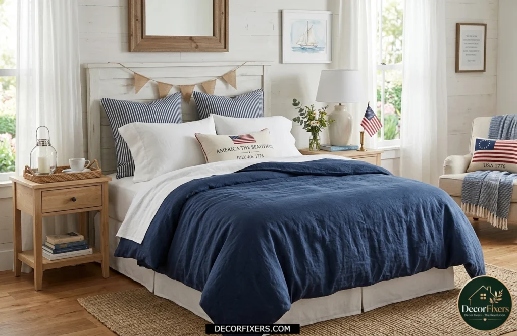 4th of July bedroom with navy linen duvet and crisp white bedding
