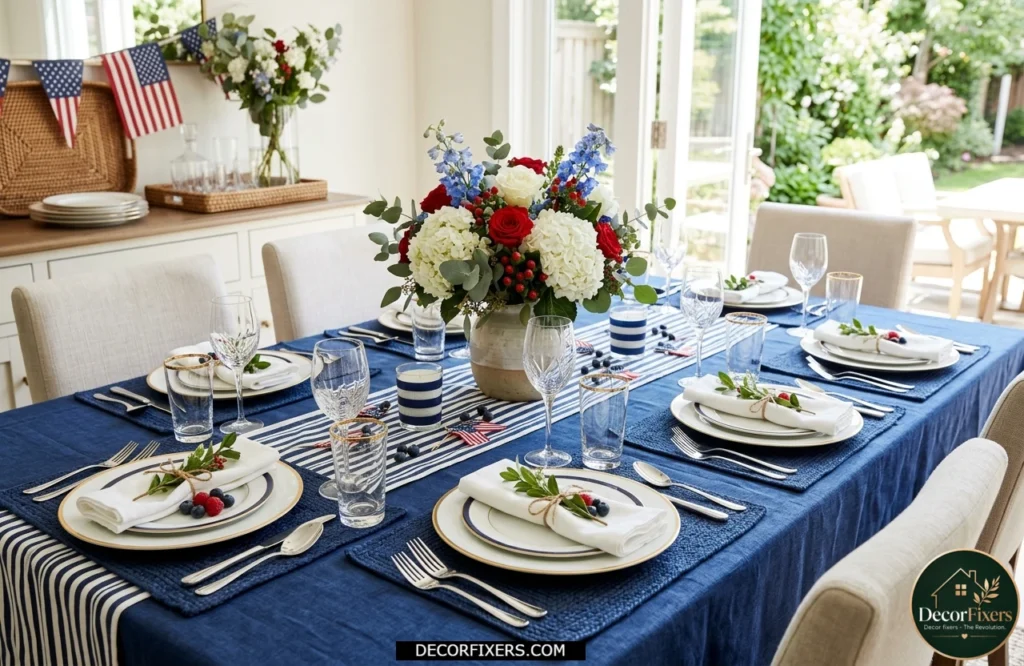 4th of July dining table featuring a navy linen tablecloth and elegant white ceramic serveware