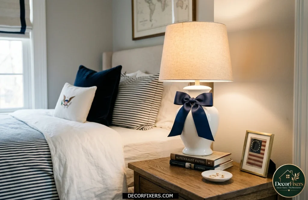 4th of July bedroom lamp decorated with a navy ribbon bow