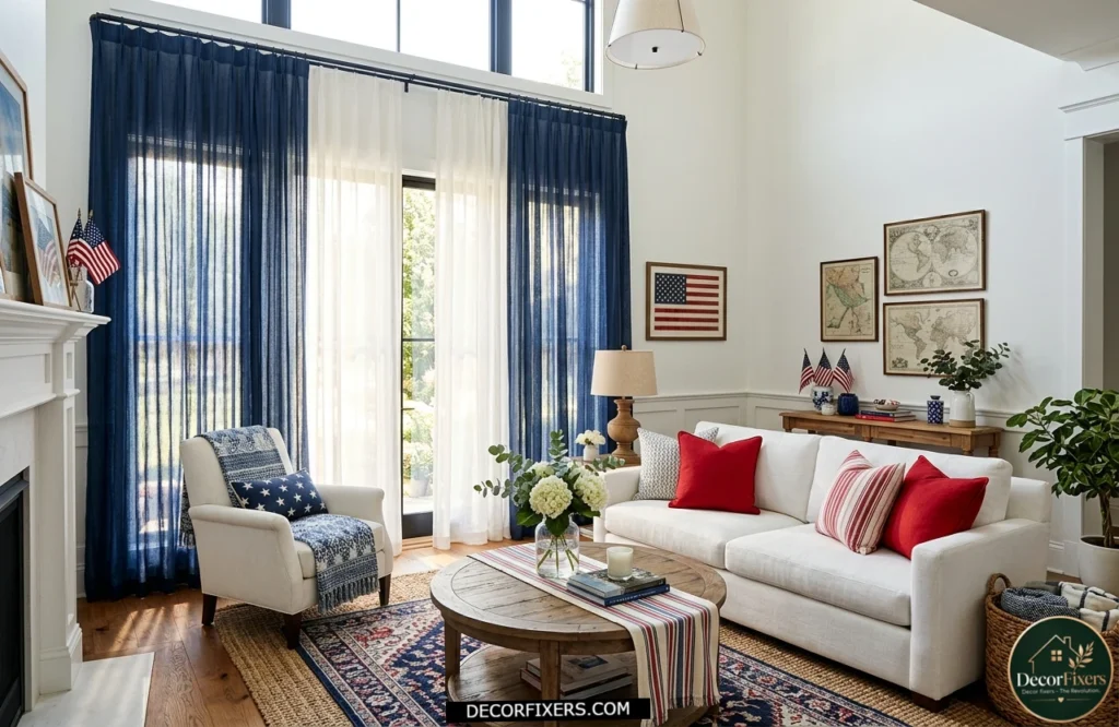 4th of July living room featuring elegant navy sheer curtains and patriotic accents.