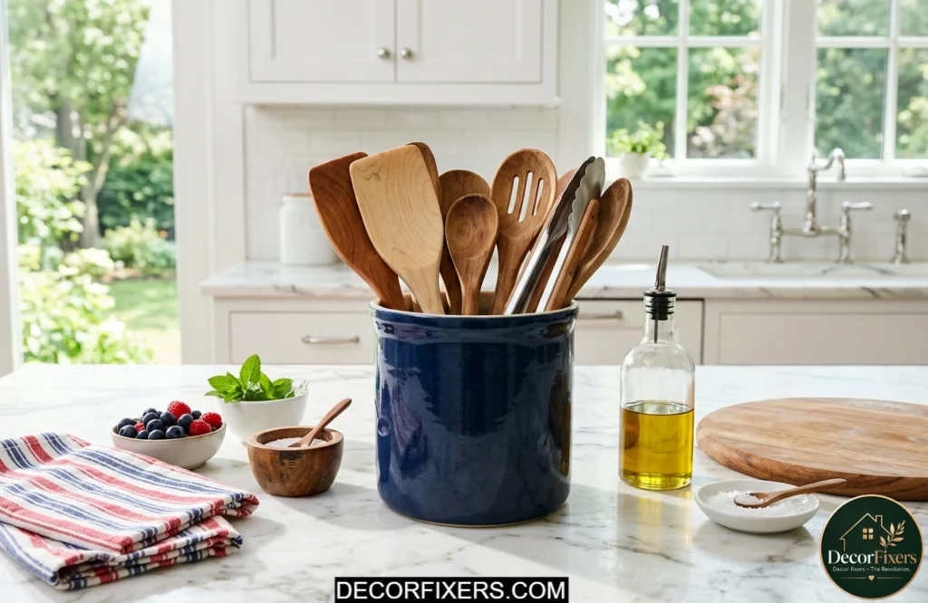 Navy utensil crock filled with kitchen tools displayed as a patriotic kitchen centerpiece.