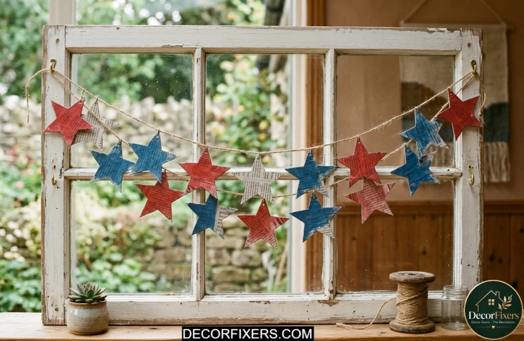 Newspaper star bunting painted in patriotic red and blue colours