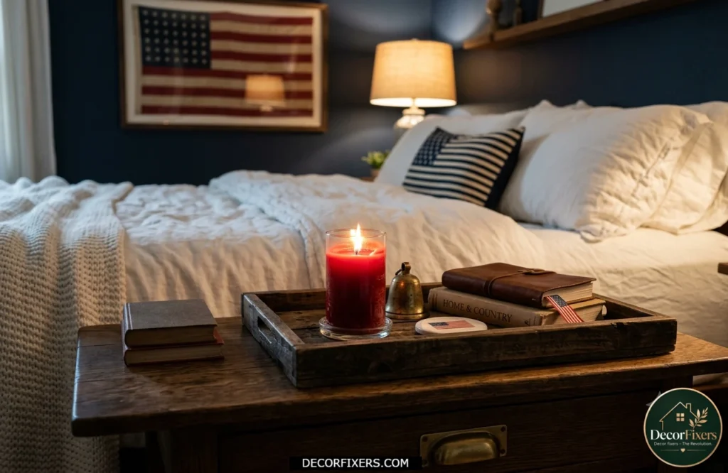 4th of July bedroom nightstand decorated with a red candle