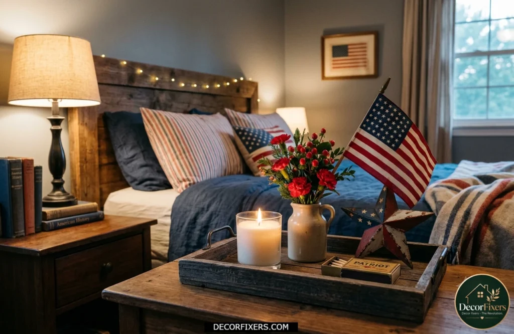4th of July bedroom nightstand vignette with patriotic accents