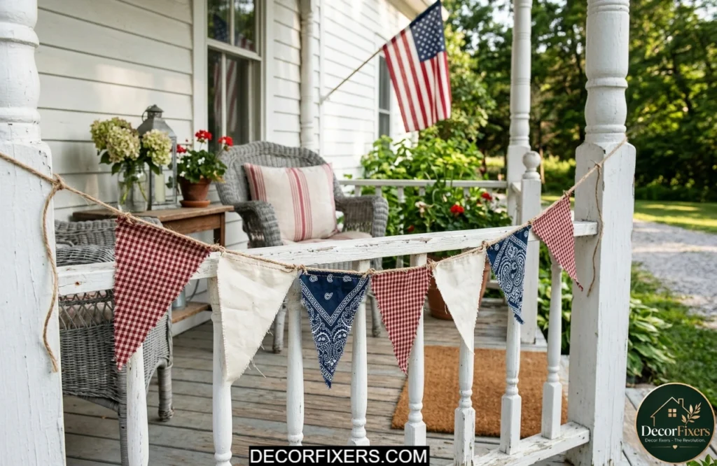 No-sew patriotic fabric bunting banner hanging across a porch railing