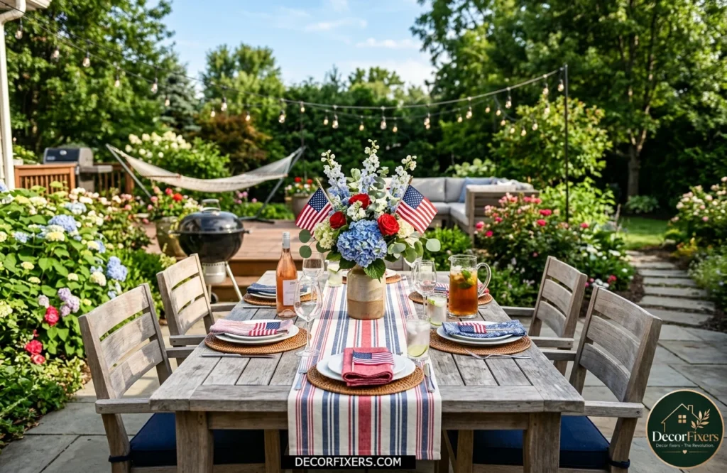 4th of July outdoor dining table styled with a patriotic table runner and fresh flower centerpiece