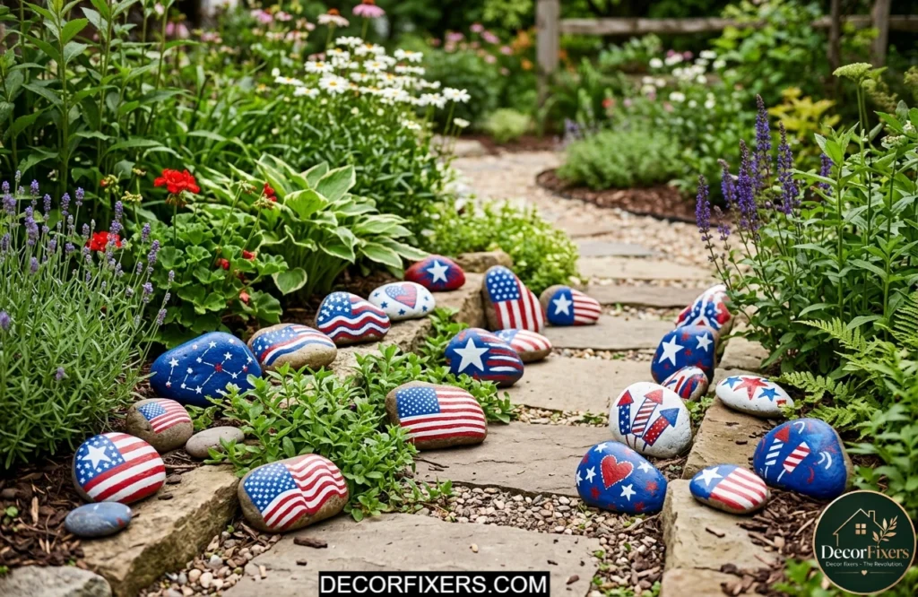 Painted patriotic garden rocks with stars and stripes designs