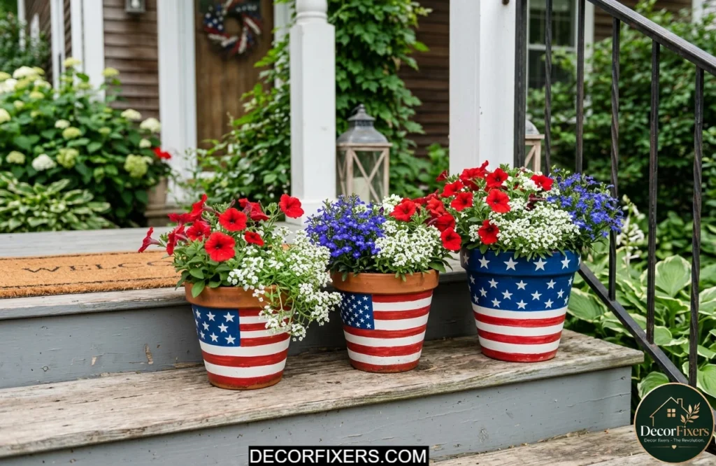Painted patriotic terracotta planters with red white and blue flowers
