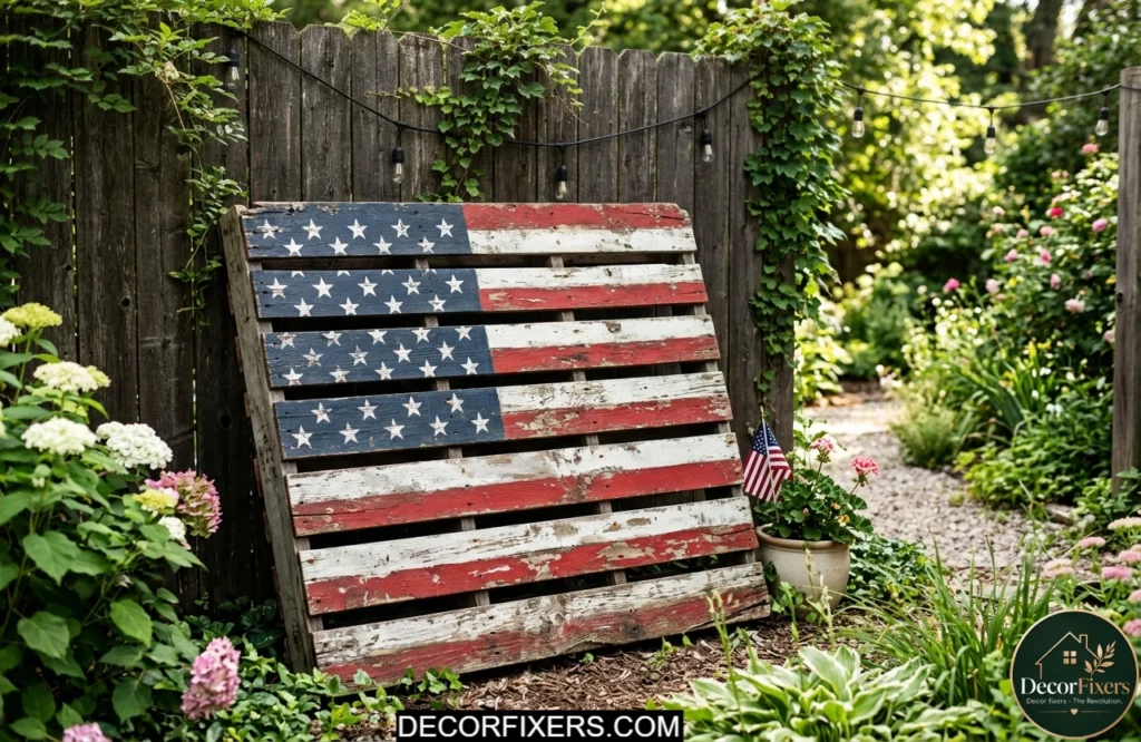 Rustic painted wood pallet American flag sign displayed outdoors