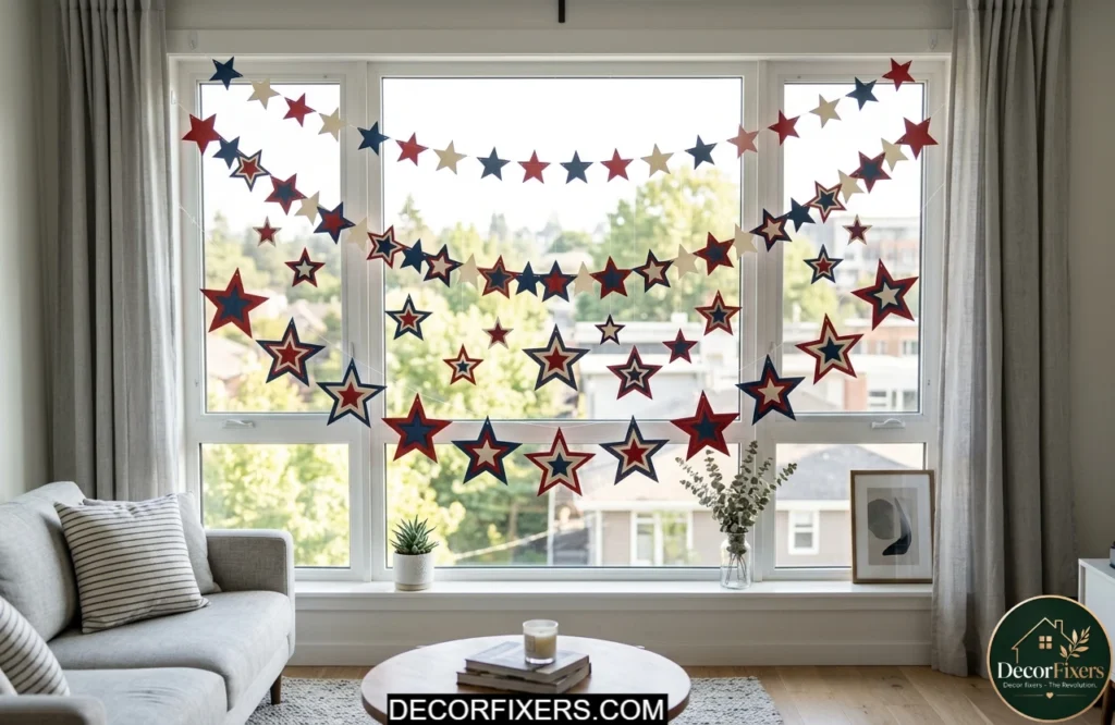 Red white and blue paper star garland displayed across a window