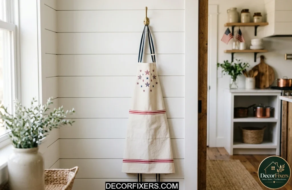 Patriotic apron displayed on a wall hook as decorative kitchen decor for the 4th of July.