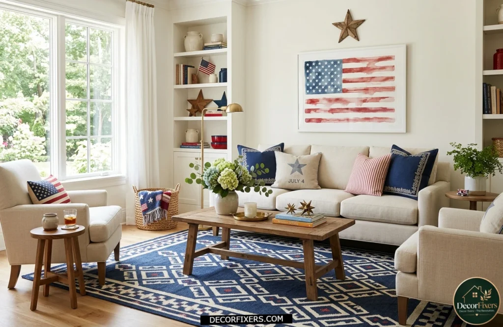 4th of July patriotic area rug anchoring a stylish living room seating arrangement.