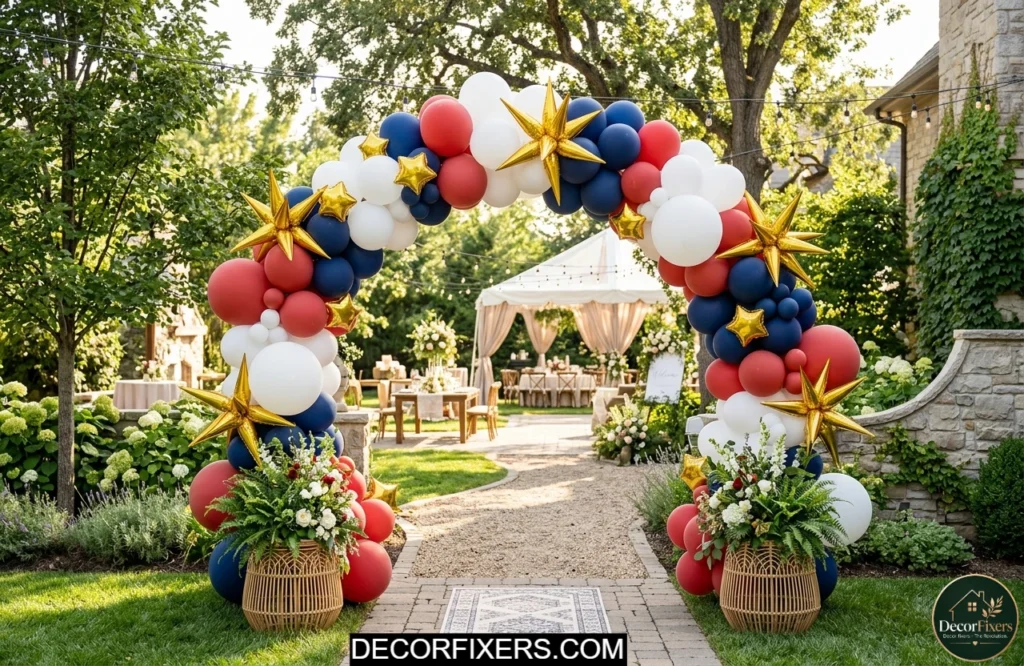 Freestanding red white blue balloon arch with gold star accents creating a festive 4th of July backyard entry.