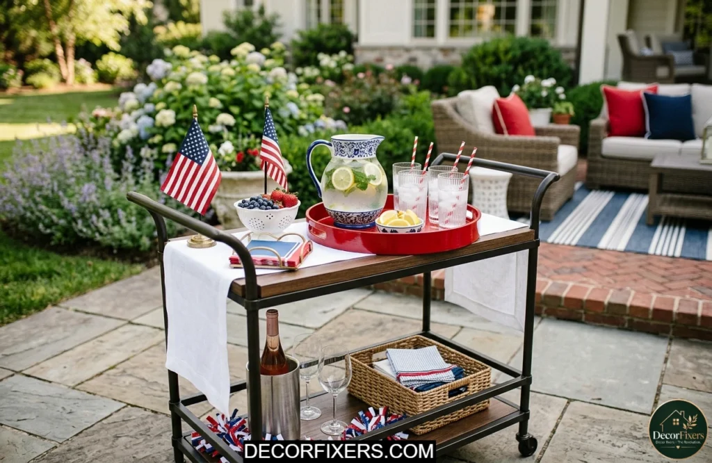 Mobile beverage bar cart styled with patriotic colors and accessories for a 4th of July backyard party.