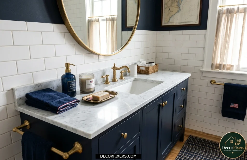 4th of July bathroom decorated with patriotic hand towels decorative soap and candle accents