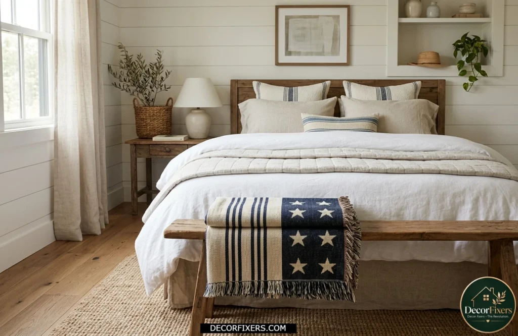 4th of July bedroom featuring a patriotic woven throw blanket folded at the foot of the bed