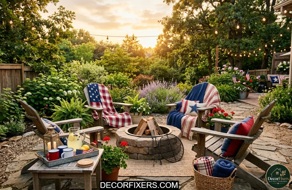 Red white and navy throws draped over outdoor chairs creating a cozy 4th of July evening atmosphere.