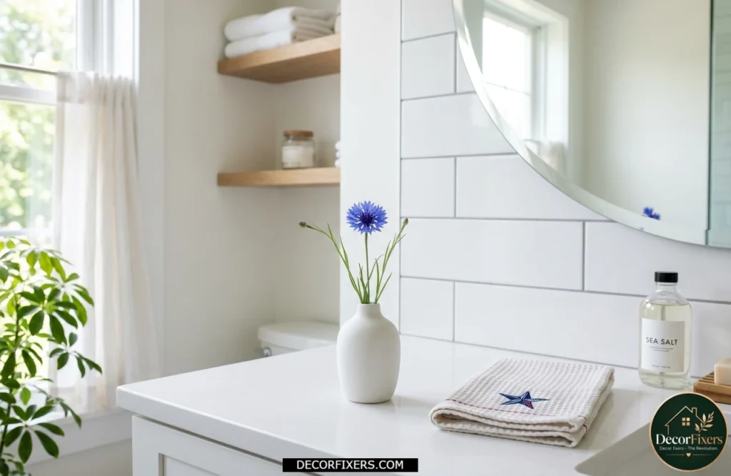 4th of July bathroom counter styled with a patriotic floral bud vase and minimalist decor