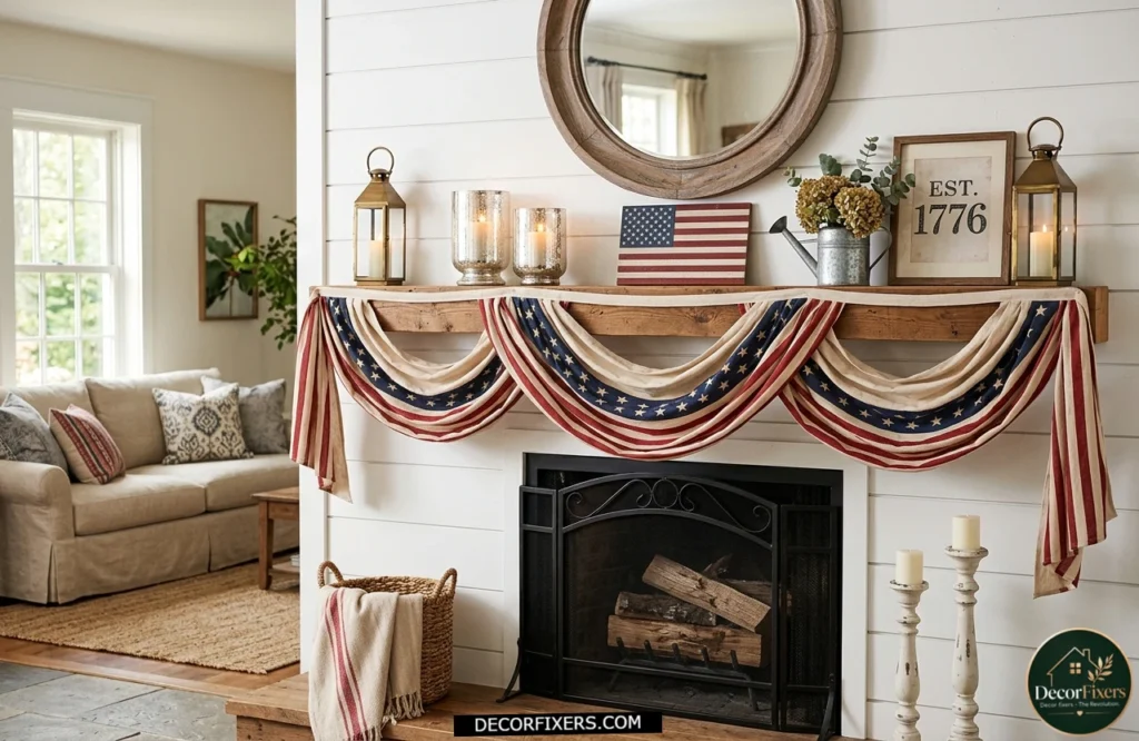 4th of July red white and blue fabric bunting draped across a living room mantel.