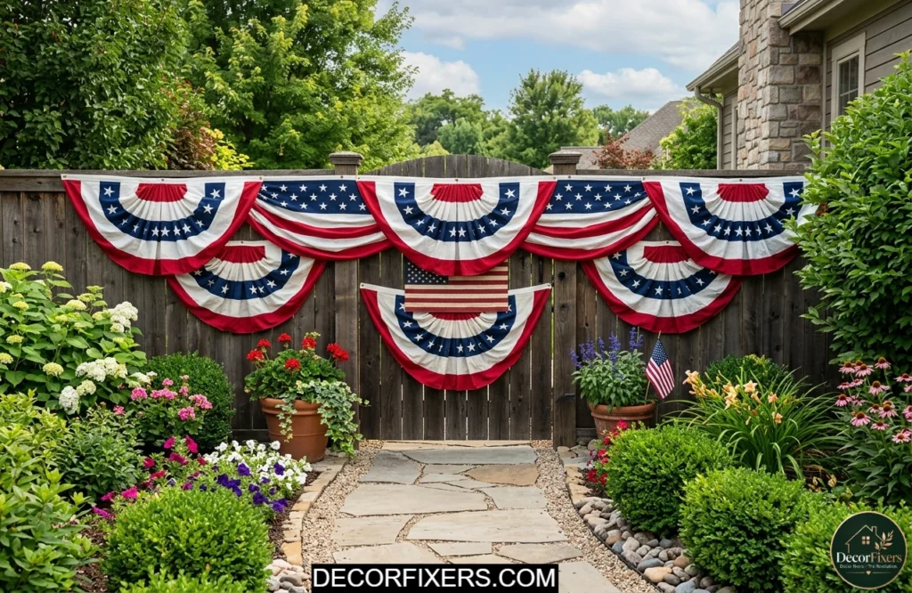 Red white and blue patriotic bunting layered across a backyard fence gate for a welcoming 4th of July entrance.