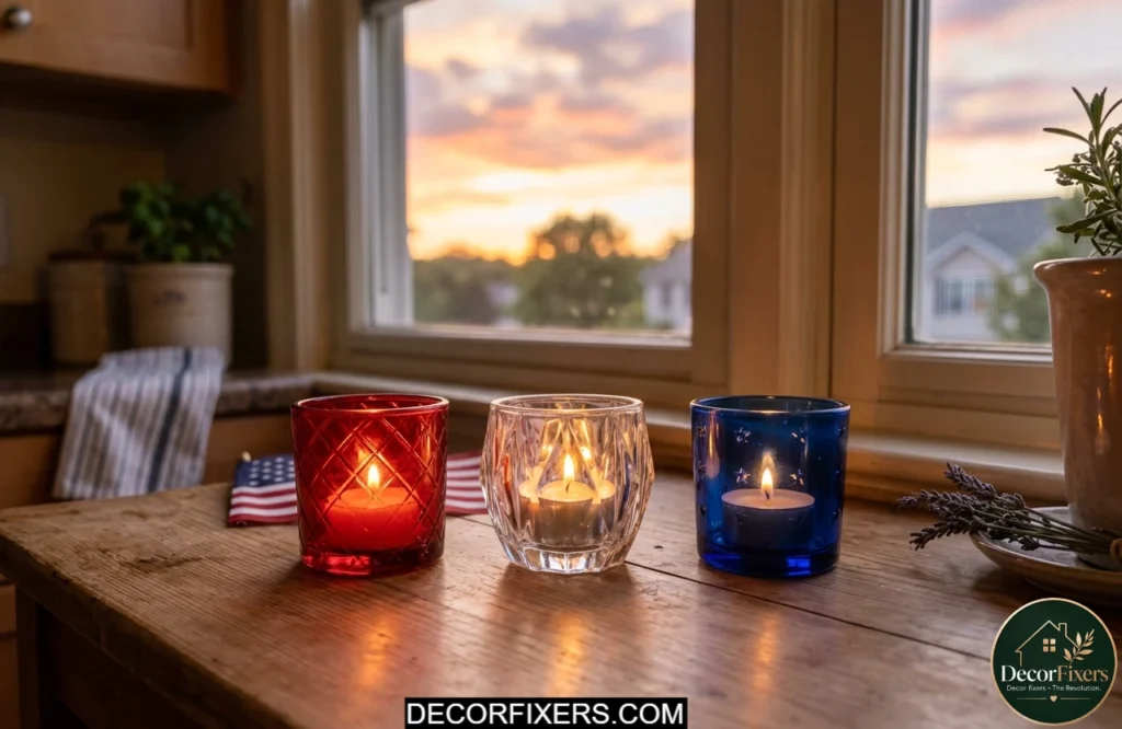 Red clear and blue candleholders glowing on a kitchen windowsill during the evening.