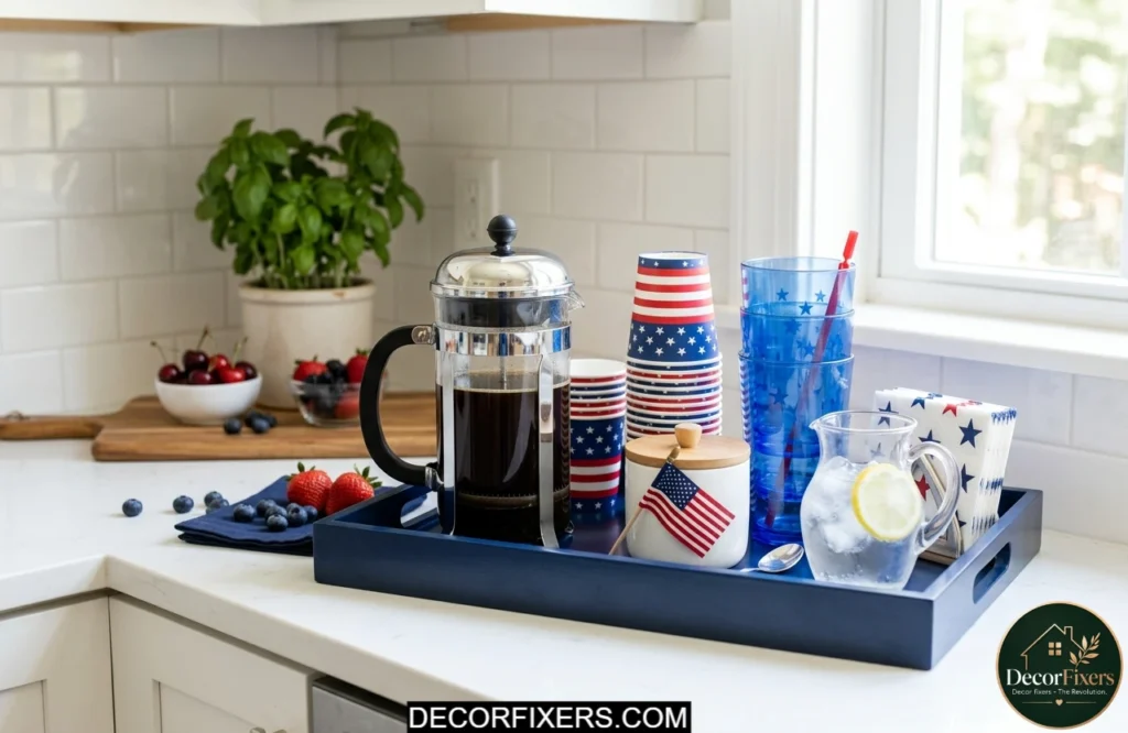 Patriotic coffee and drink station styled on a kitchen countertop for Independence Day.