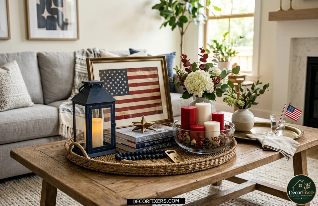 4th of July patriotic coffee table vignette featuring a lantern, framed flag, and candles.