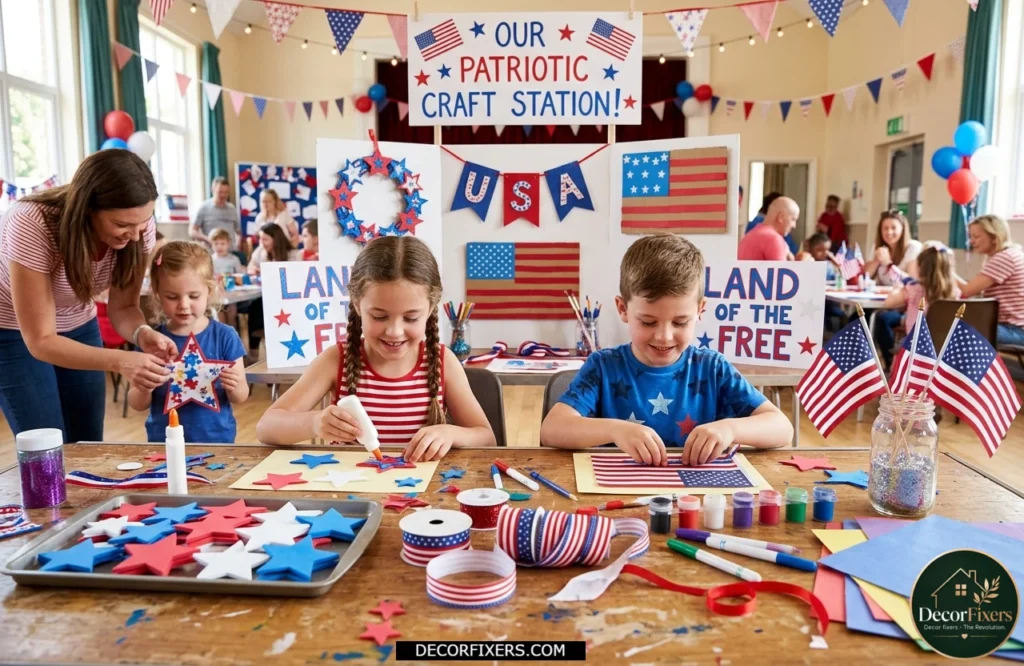 4th of July kids craft station featuring patriotic decorations stars ribbons and mini flags