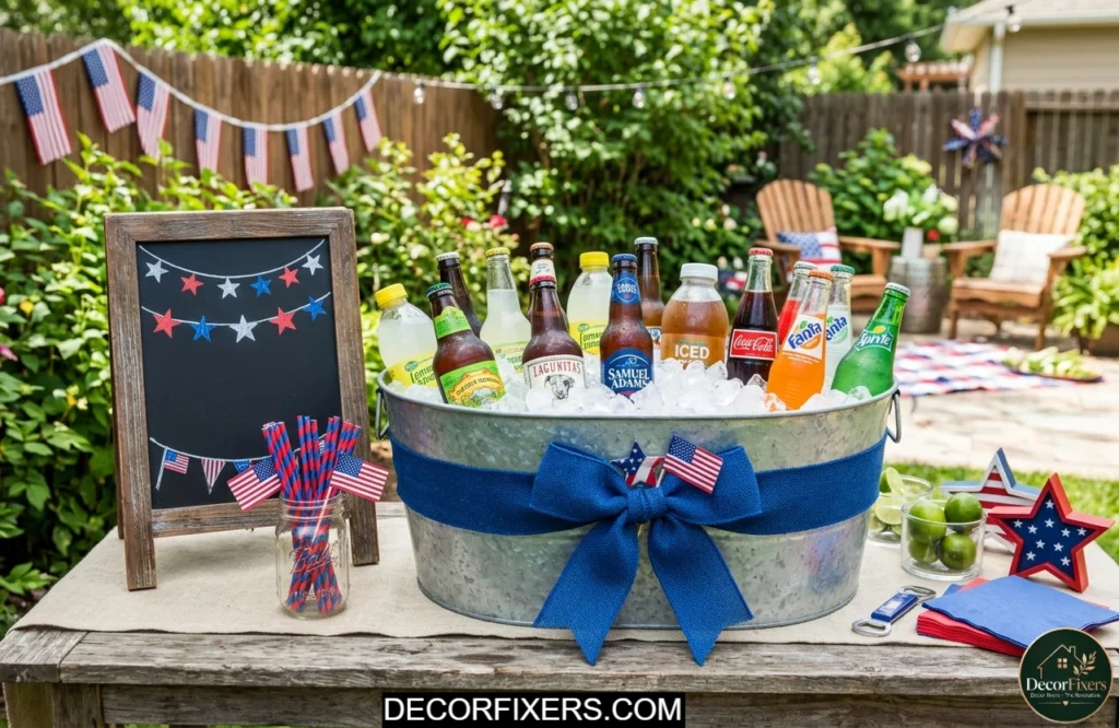 Galvanized beverage tub styled with red white and blue decorations for a festive 4th of July drink station.