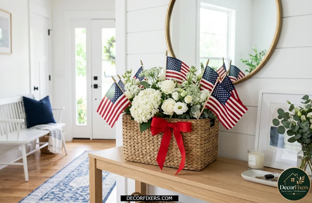 4th of July entryway basket display with mini American flags white flowers and festive ribbon accents