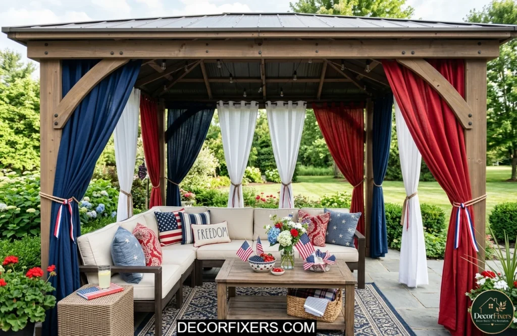 Red white and blue fabric patio panels hanging from a covered outdoor space for renter-friendly 4th of July decorating.