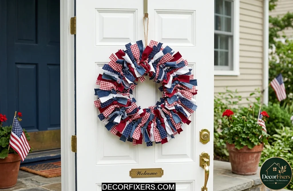 Handmade patriotic wreath made from red white and blue fabric strips