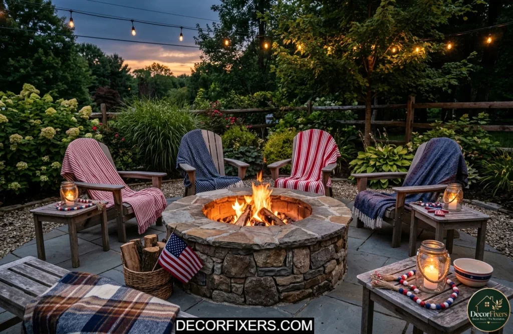 Firepit seating area decorated with patriotic throws lanterns and flags for a cozy 4th of July gathering.