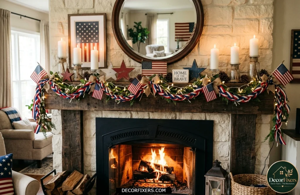 4th of July fireplace mantel decorated with ribbon garland candles and patriotic accents
