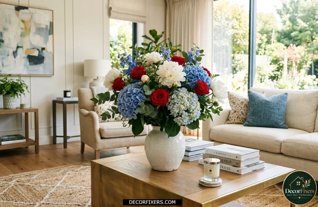 4th of July red white and blue floral arrangement displayed on a living room coffee table