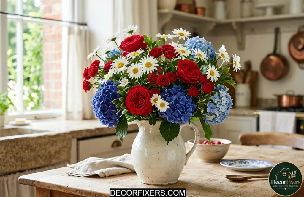 White pitcher filled with red white and blue flowers as a patriotic kitchen centerpiece.