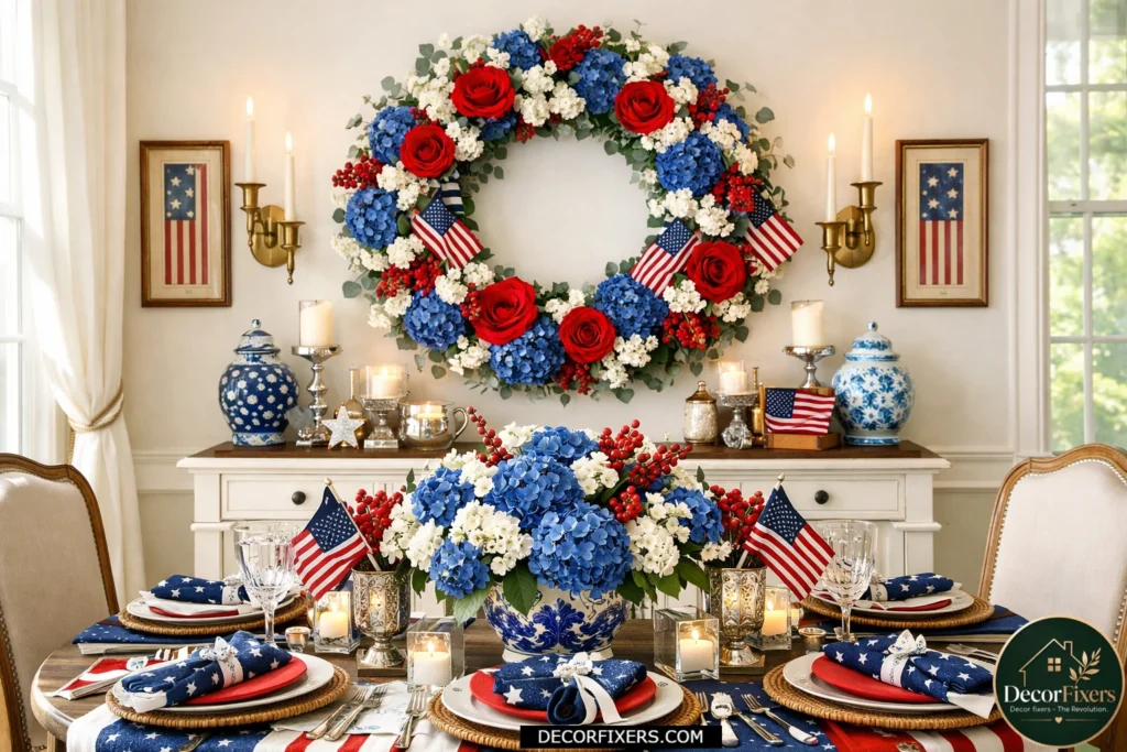 Patriotic floral wreath featuring hydrangeas and berry stems displayed above a dining table